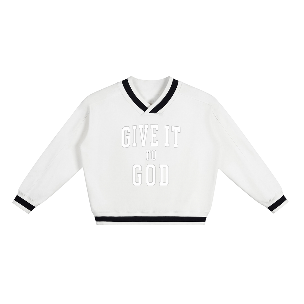 Give it to God  V-Neck Contrast Collar Boxy Sweatshirt | Oversized Unisex Sweatshirt | Collegiate Faith Apparel