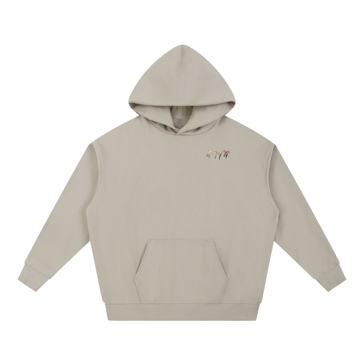 Give It To God oversized beige hoodie with a small metallic rose-gold G.I.T.G. logo on the chest.