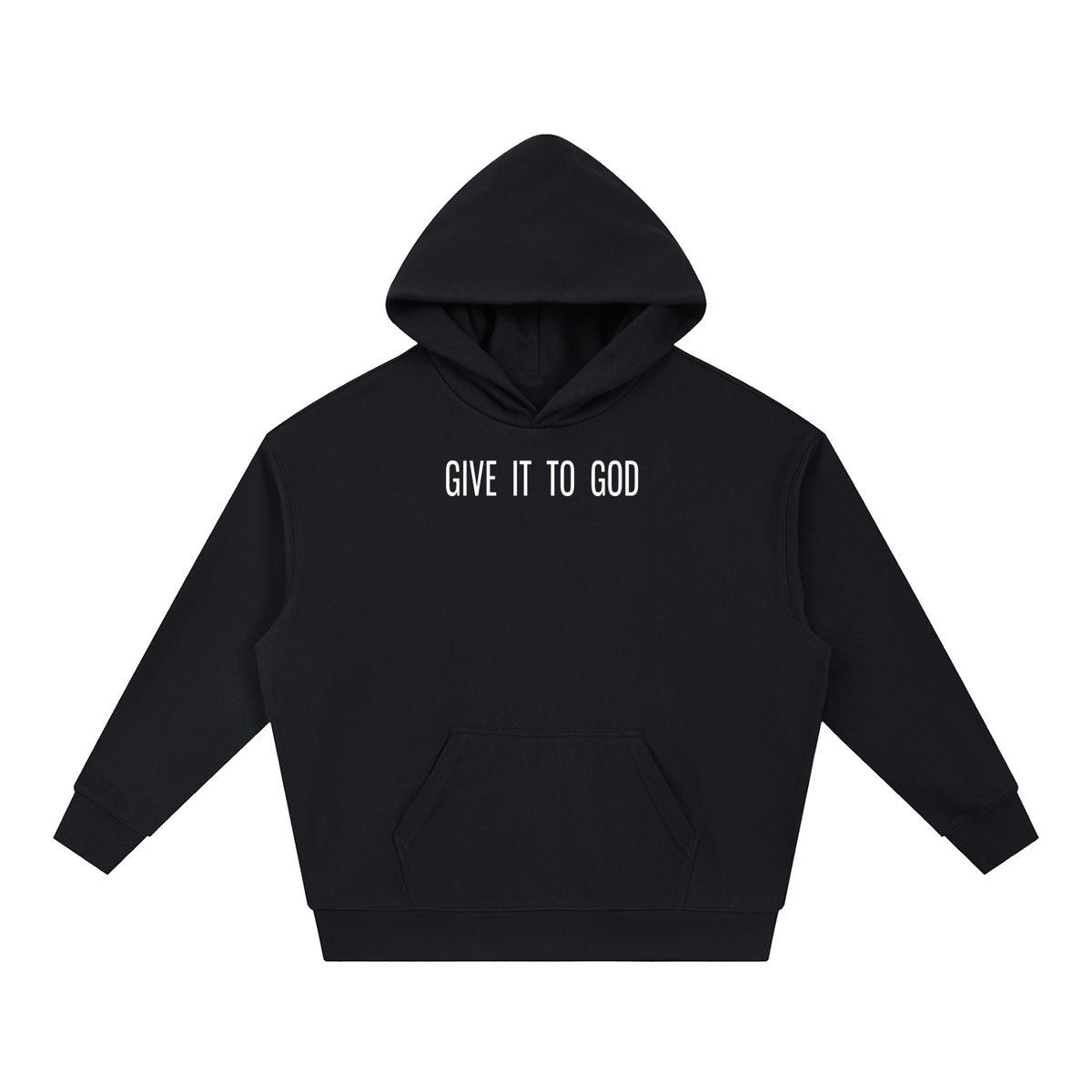 Give It To God heavyweight black hoodie with minimalist white typographic logo on the front chest