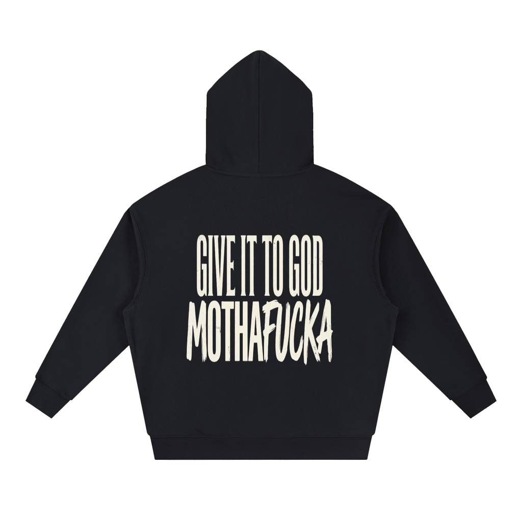 Back view of a Give It To God heavyweight forest green fleece hoodie with large white typographic back graphic.
