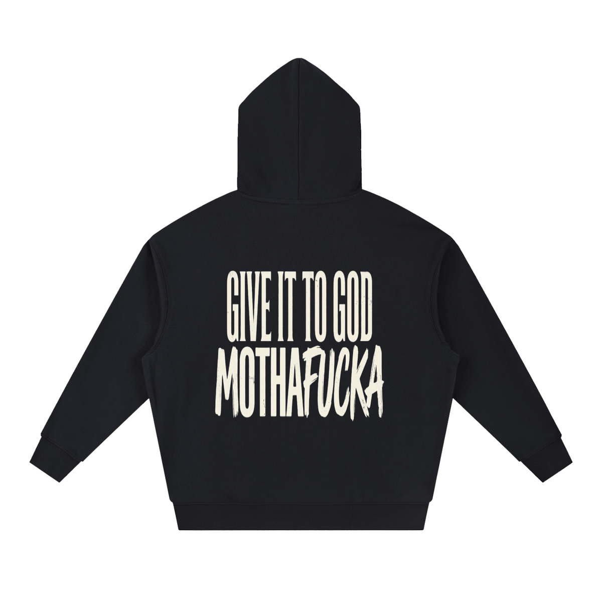 Back view of a Give It To God heavyweight forest green fleece hoodie with large white typographic back graphic.