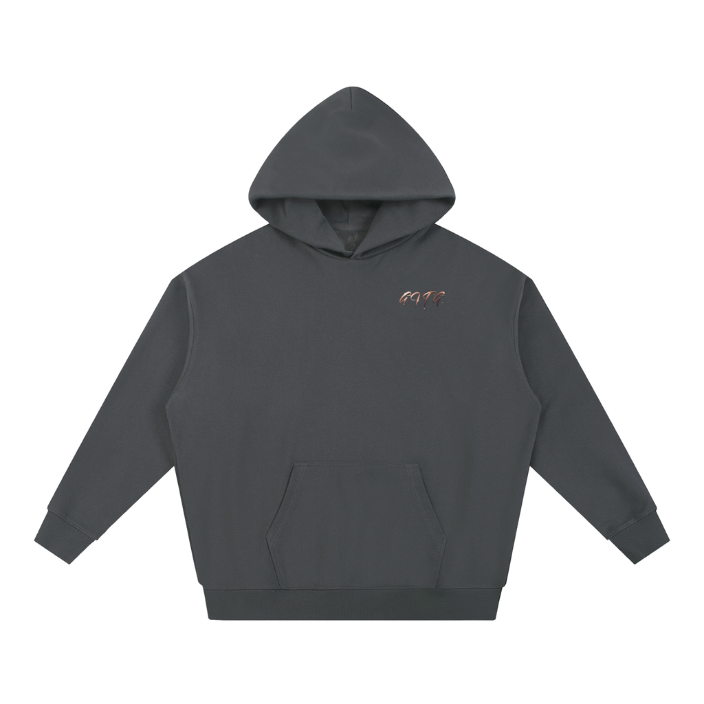 Give It To God oversized charcoal hoodie with a metallic rose-gold G.I.T.G. logo on the chest.