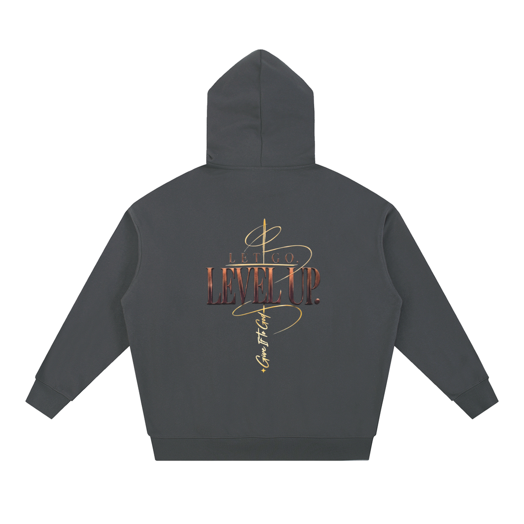 Give It To God oversized charcoal hoodie with metallic gold Let Go Level Up back graphic print