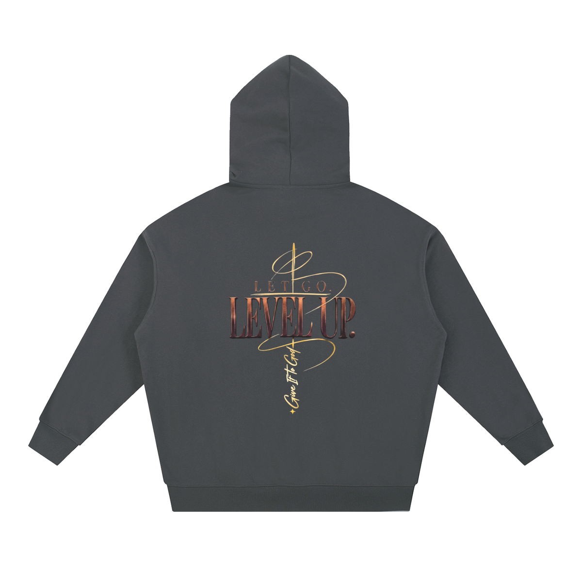 Give It To God oversized charcoal hoodie with metallic gold Let Go Level Up back graphic print