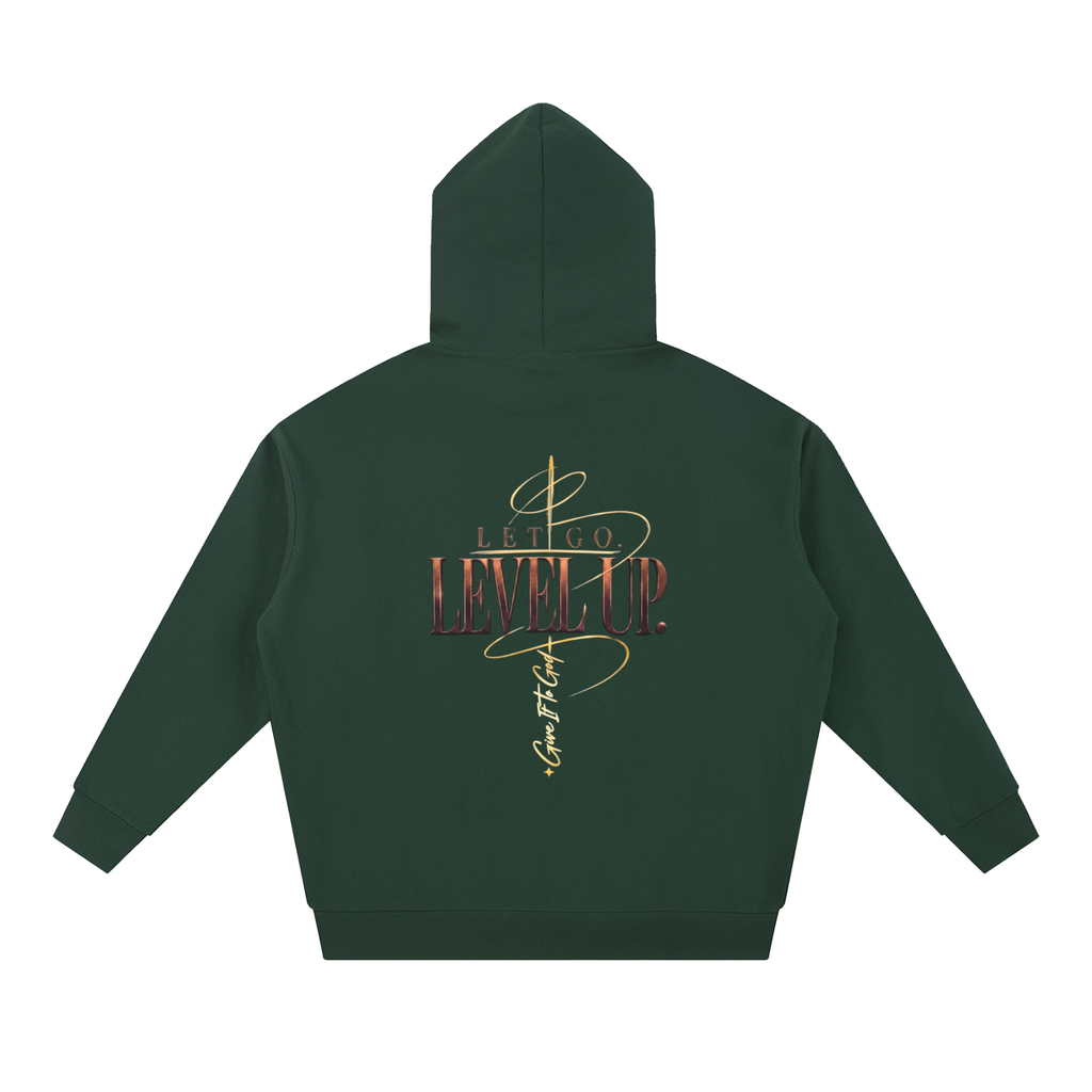 Give It To God oversized green hoodie with metallic gold Let Go Level Up typography on the back