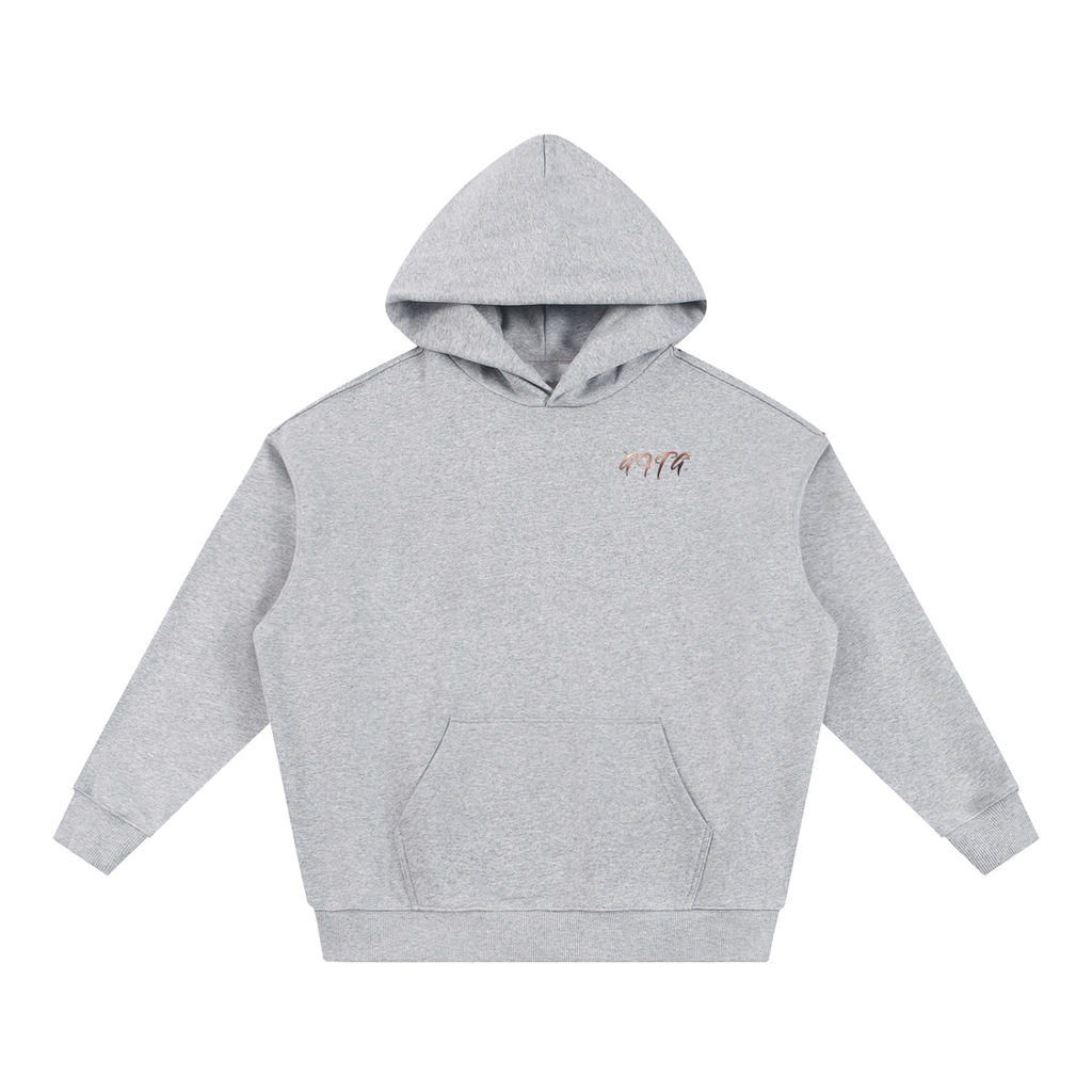 Give It To God grey oversized hoodie with metallic rose-gold G.I.T.G. logo on the chest, drop-shoulder streetwear fit.