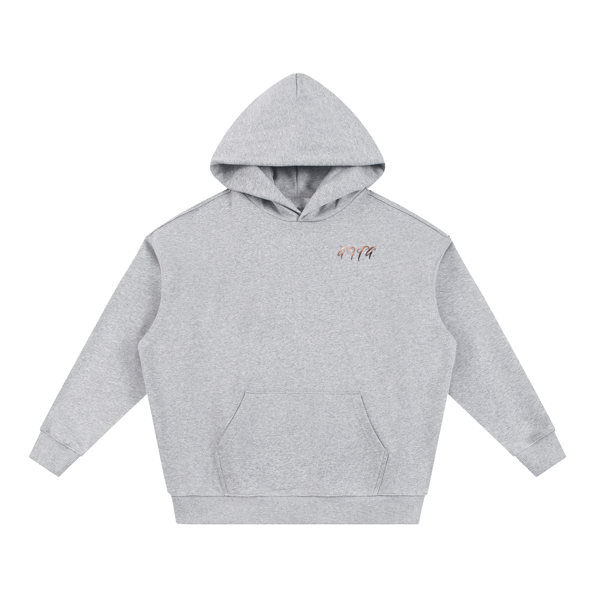 Give It To God grey oversized hoodie with metallic rose-gold G.I.T.G. logo on the chest, drop-shoulder streetwear fit.