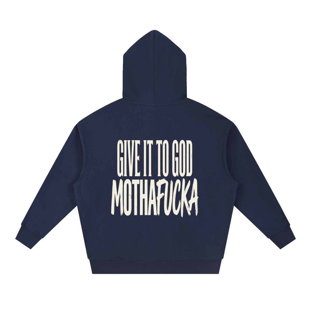 Give It To God heavyweight forest green fleece hoodie with large white typographic back print, oversized fit.