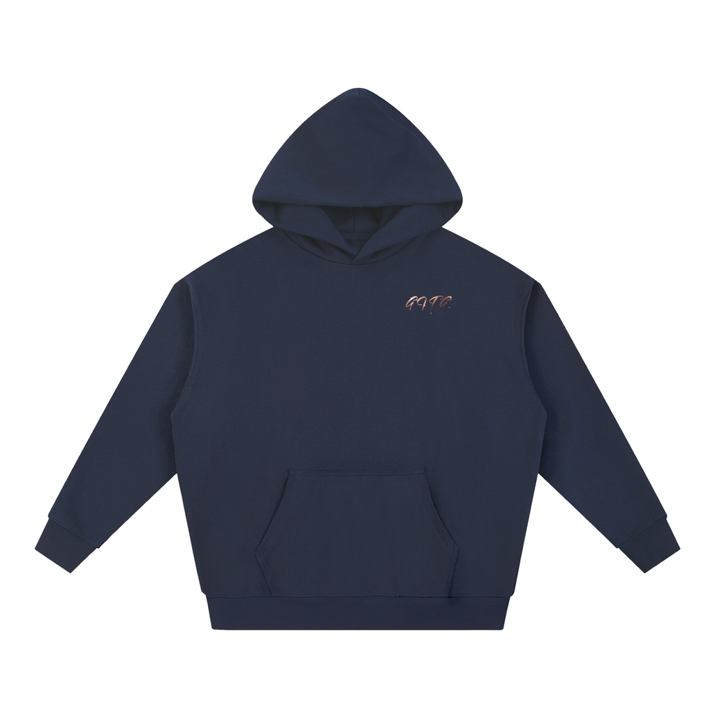 Give It To God navy blue oversized heavyweight cotton hoodie with metallic rose-gold chest logo