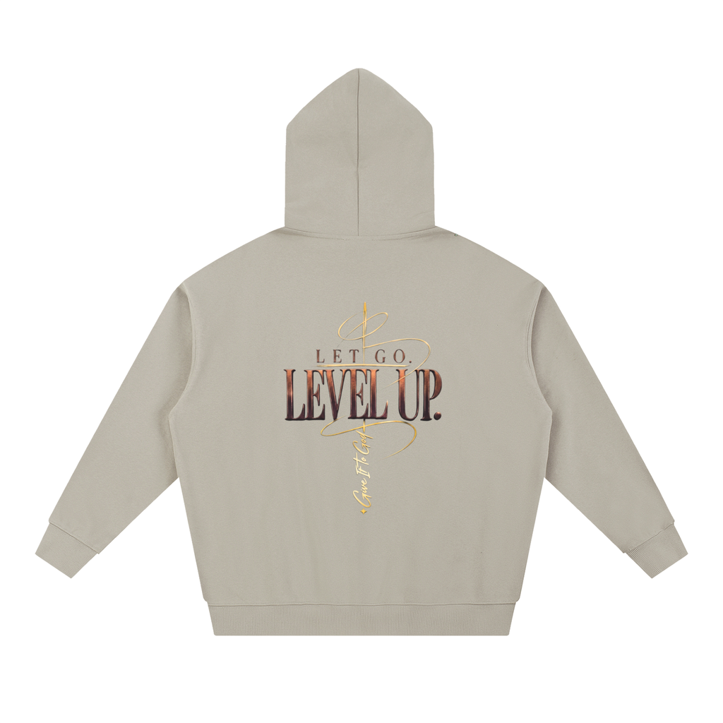 Give It To God oversized hoodie in beige with metallic gold Let Go. Level Up. graphic on the back