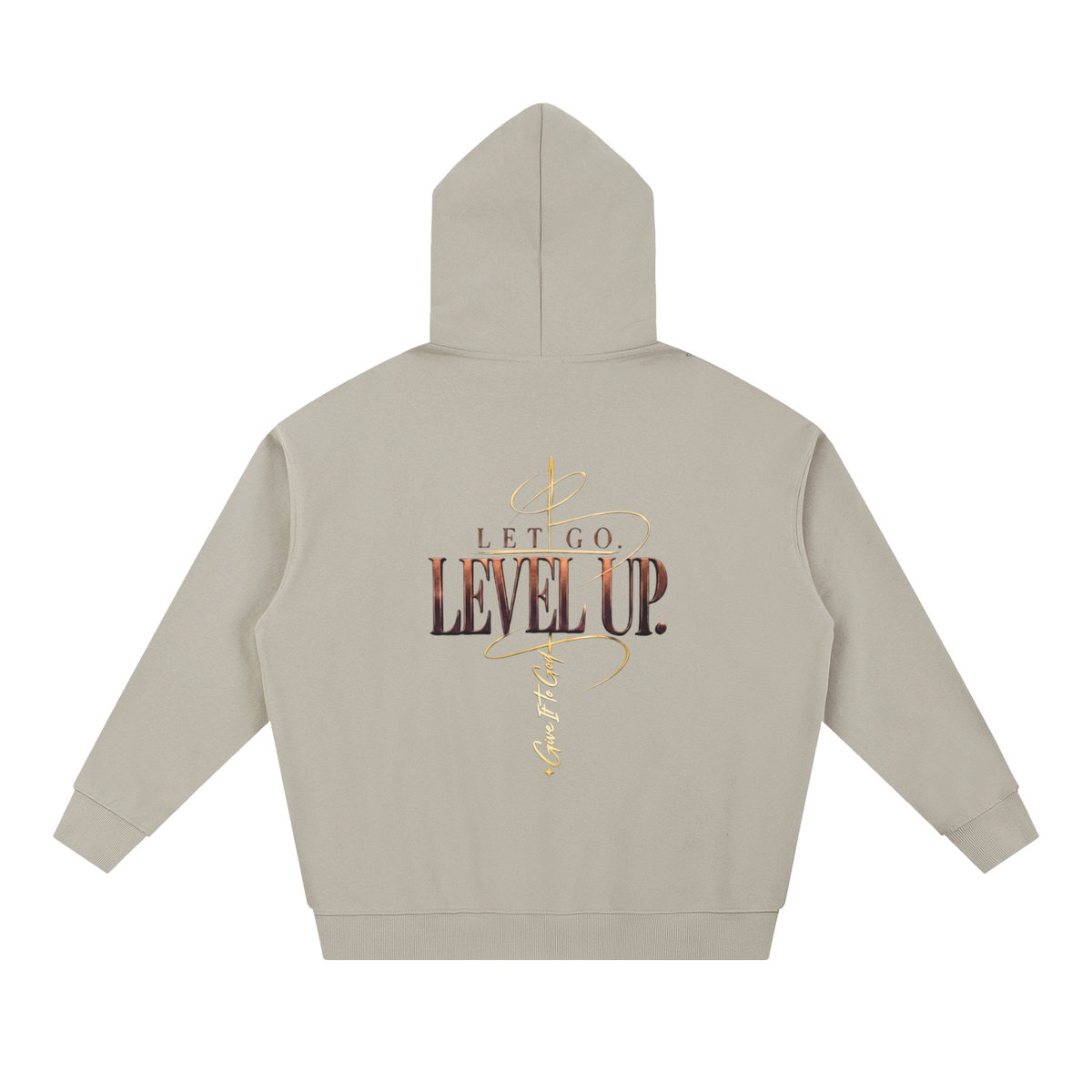 Give It To God oversized hoodie in beige with metallic gold Let Go. Level Up. graphic on the back