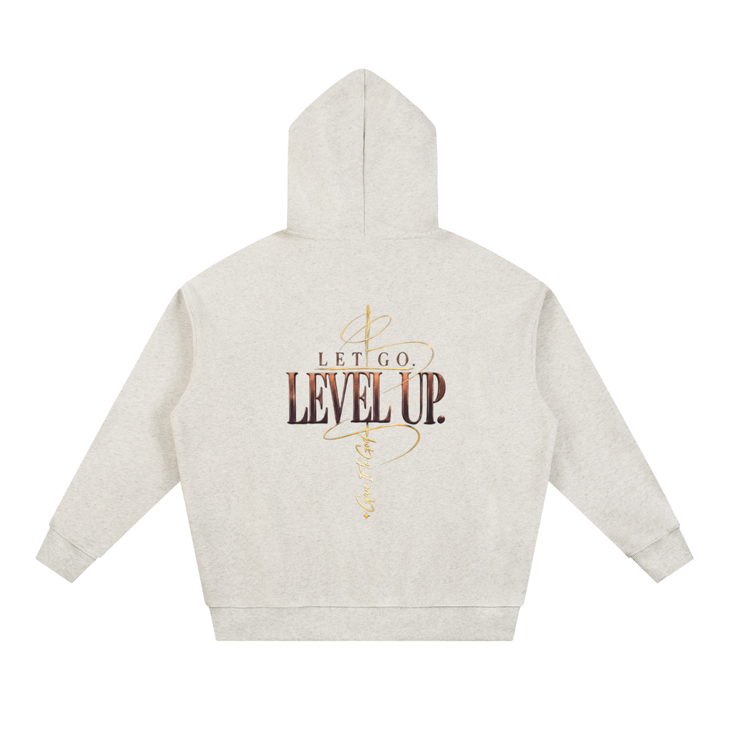 Give It To God oversized hoodie in heather grey with metallic gold Let Go Level Up back graphic print