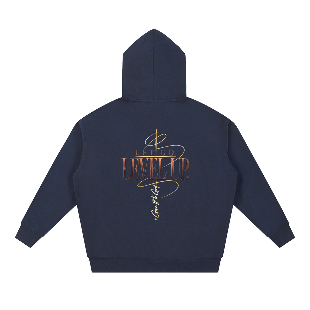 Give It To God oversized navy hoodie with metallic gold Let Go Level Up back graphic and drop-shoulder fit