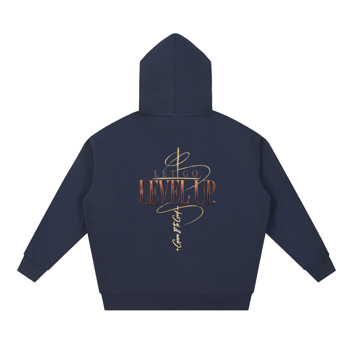 Give It To God oversized navy hoodie with metallic gold Let Go Level Up back graphic and drop-shoulder fit