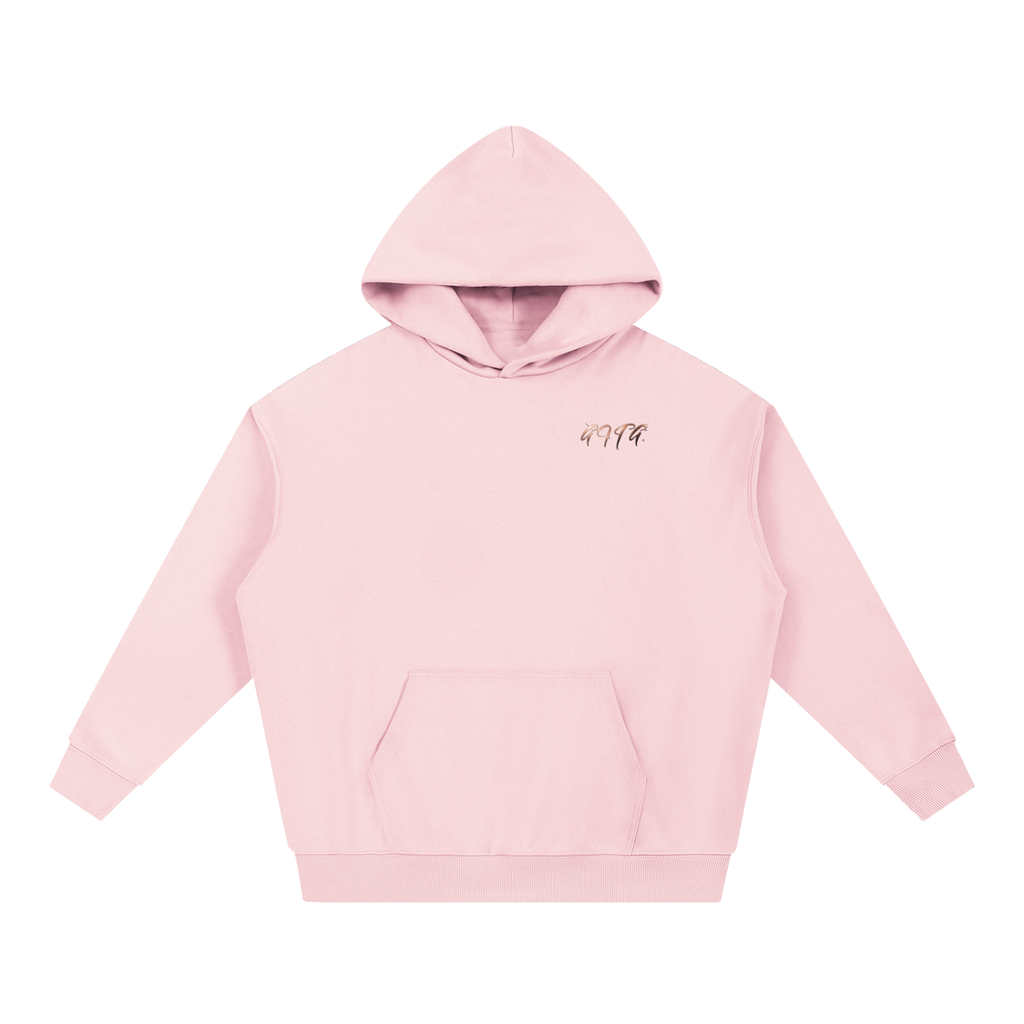 Give It To God oversized pink hoodie with metallic rose-gold G.I.T.G. chest logo and drop-shoulder streetwear fit