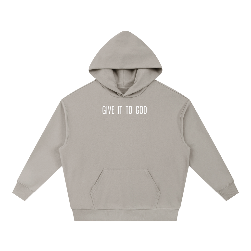 Give It To God heavyweight hoodie in beige with minimalist white typographic logo on the chest, oversized fit.