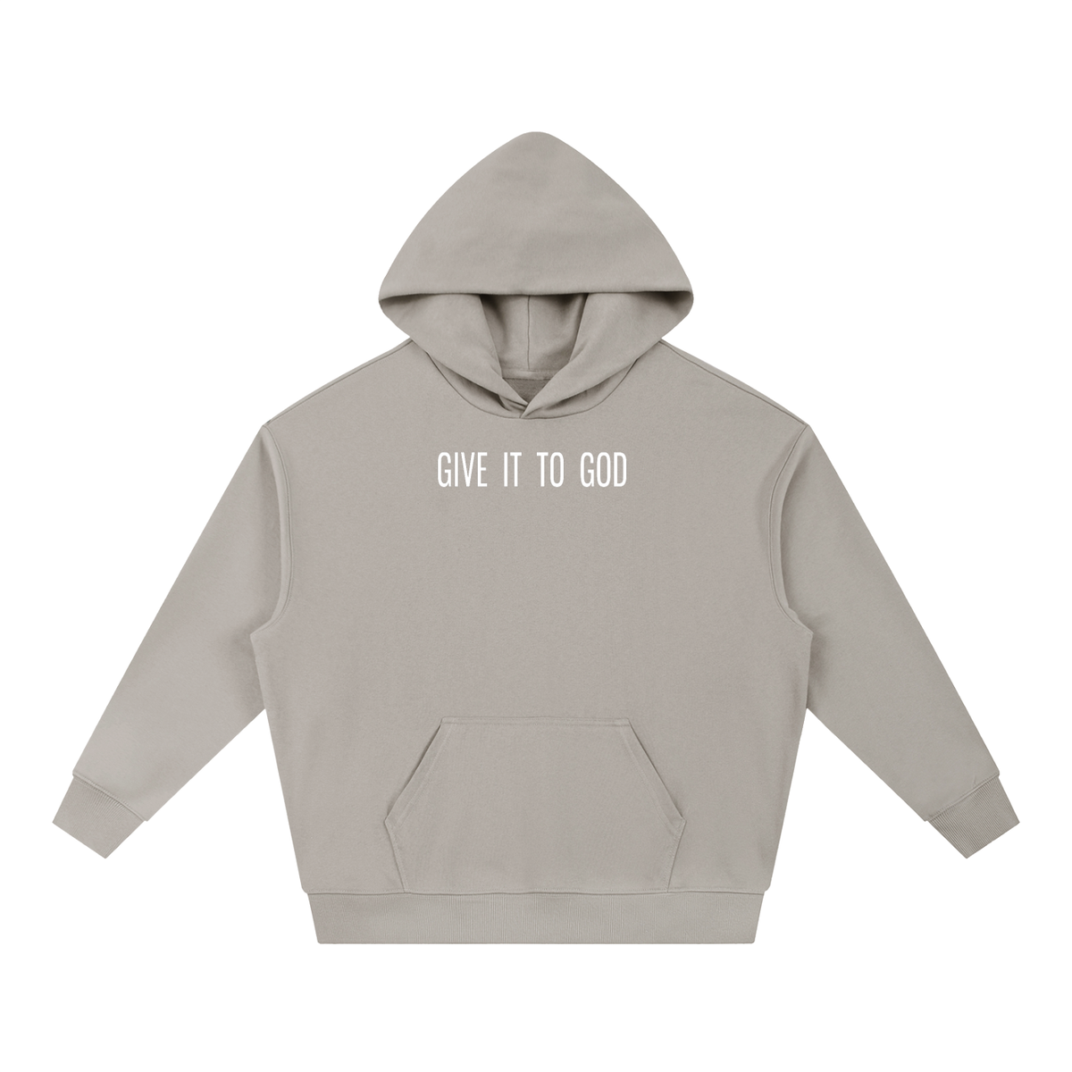 Give It To God heavyweight hoodie in beige with minimalist white typographic logo on the chest, oversized fit.